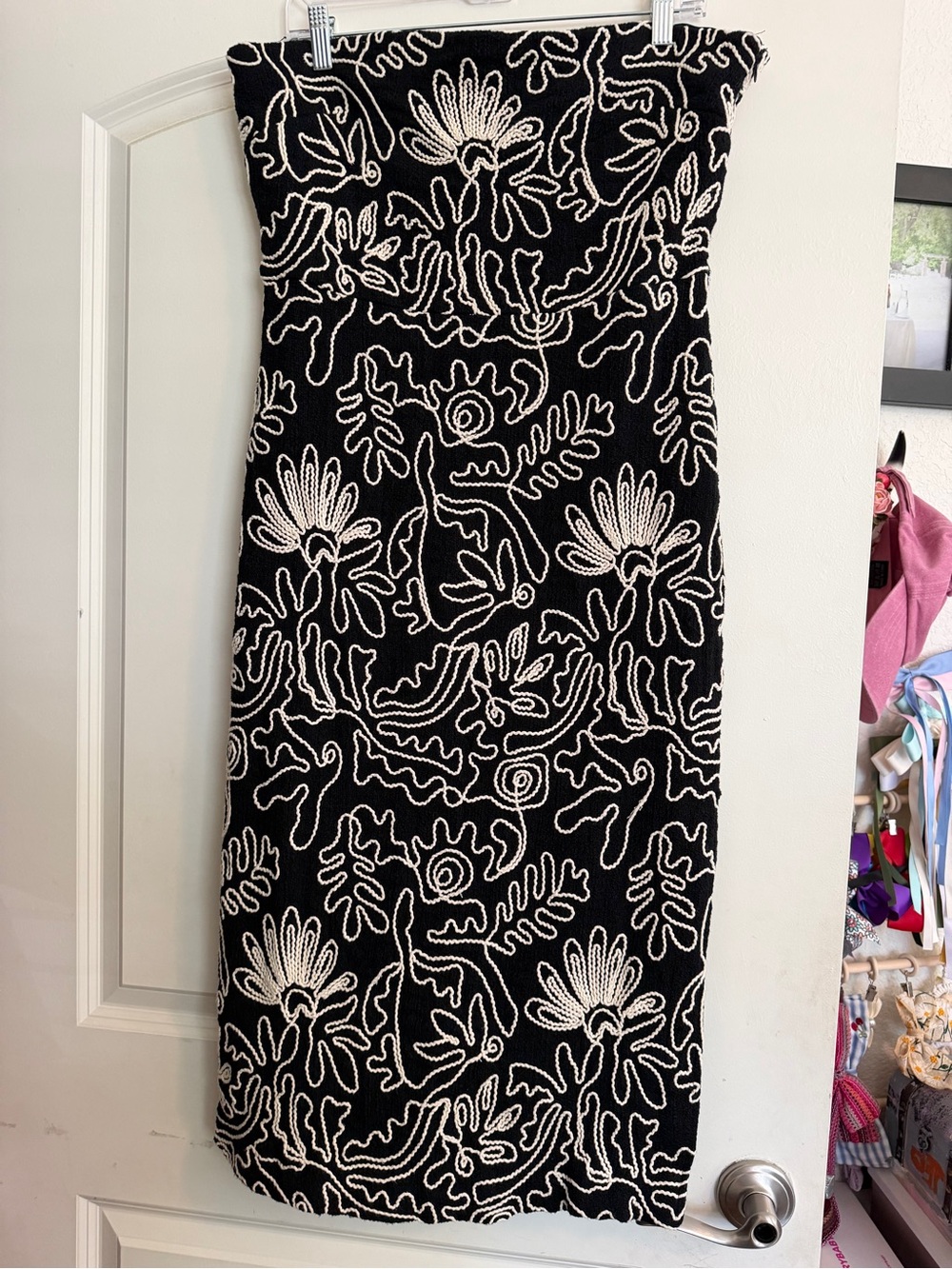 LOFT Black Strapless Dress with White Floral Stitching
